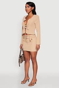 Womens Buckle Front Padded Shoulder Blazer, Brown, Size S