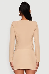 Womens Buckle Front Padded Shoulder Blazer, Brown, Size S
