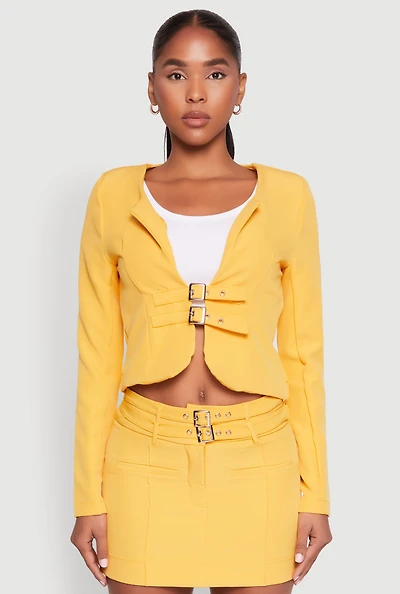 Womens Buckle Front Padded Shoulder Blazer, Yellow, Size M