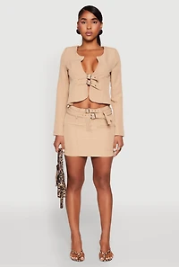 Womens Double Buckle Front Mini Skirt, Khaki, Size L