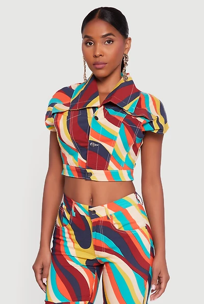 Womens Color Blocked Button Front Cap Sleeve Cropped Jacket, Multi, Size L