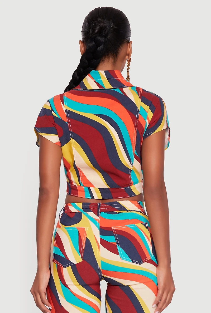 Color Blocked Button Front Cap Sleeve Cropped Jacket