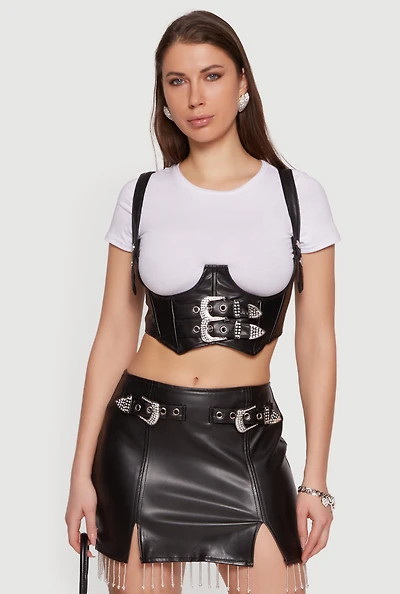 Faux Leather Buckle Front Fringe Skirt