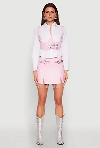 Womens Faux Leather Buckle Front Fringe Skirt, Pink,