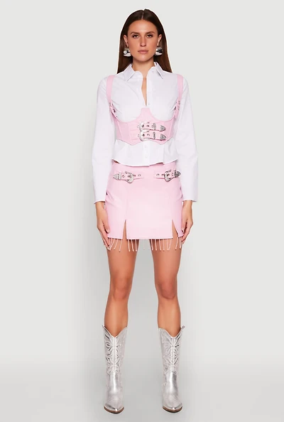 Womens Faux Leather Buckle Front Fringe Skirt, Pink, Size L