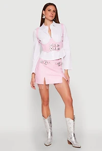 Womens Faux Leather Buckle Front Fringe Skirt, Pink,