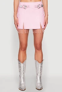 Womens Faux Leather Buckle Front Fringe Skirt, Pink, Size M