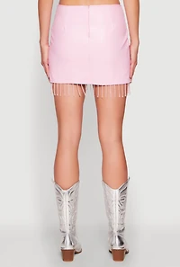 Womens Faux Leather Buckle Front Fringe Skirt, Pink,