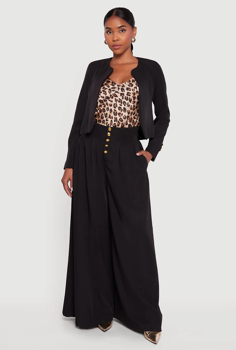 Womens Paper Bag Waist Wide Leg Pants, Black, Size XL