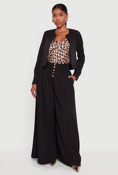 Womens Paper Bag Waist Wide Leg Pants, Black,