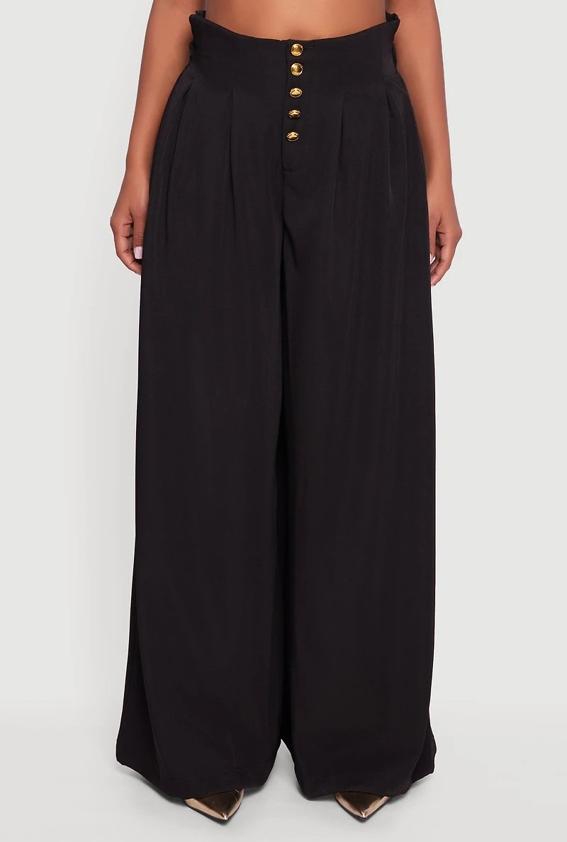 Womens Paper Bag Waist Wide Leg Pants, Black, Size XL