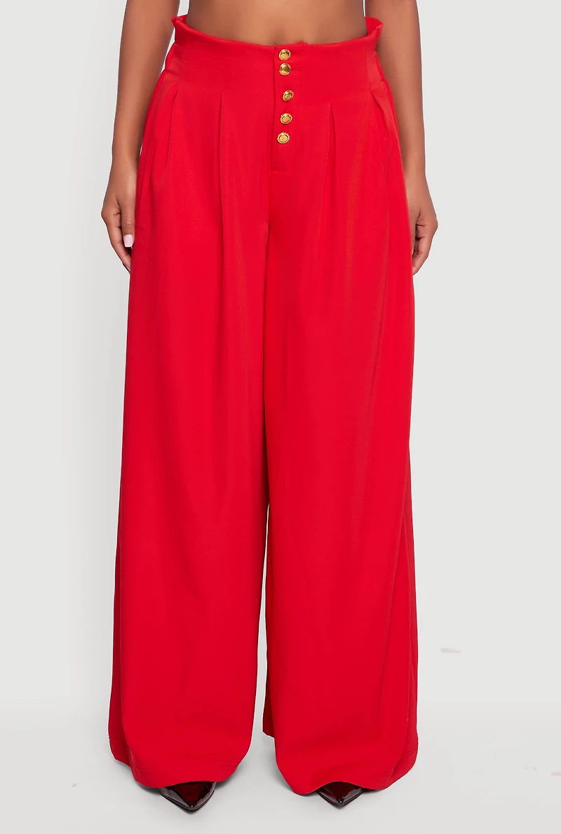 Womens Paper Bag Waist Wide Leg Pants, , Size L