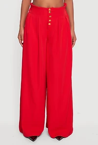 Womens Paper Bag Waist Wide Leg Pants, Red, Size XL