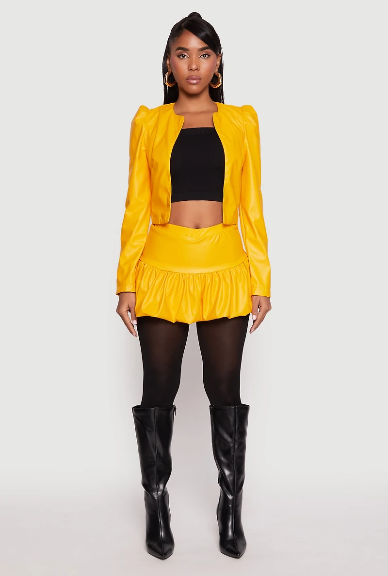 Womens Faux Leather Bubble Mini Skort, Yellow, Size M