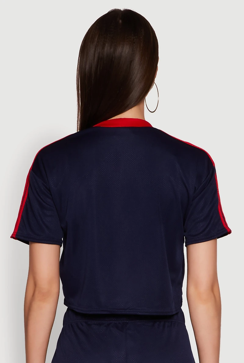 Womens Graphic Cropped Soccer Jersey, Blue, Size L