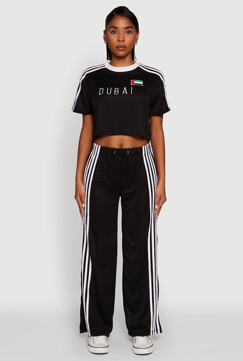Womens Side Striped High Waisted Wide Leg Active Pants, Black,
