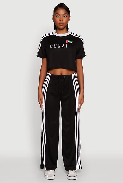 Womens Side Striped High Waisted Wide Leg Active Pants, Black,