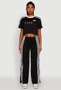 Womens Side Striped High Waisted Wide Leg Active Pants, Black,