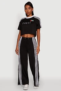Womens Side Striped High Waisted Wide Leg Active Pants, Black,