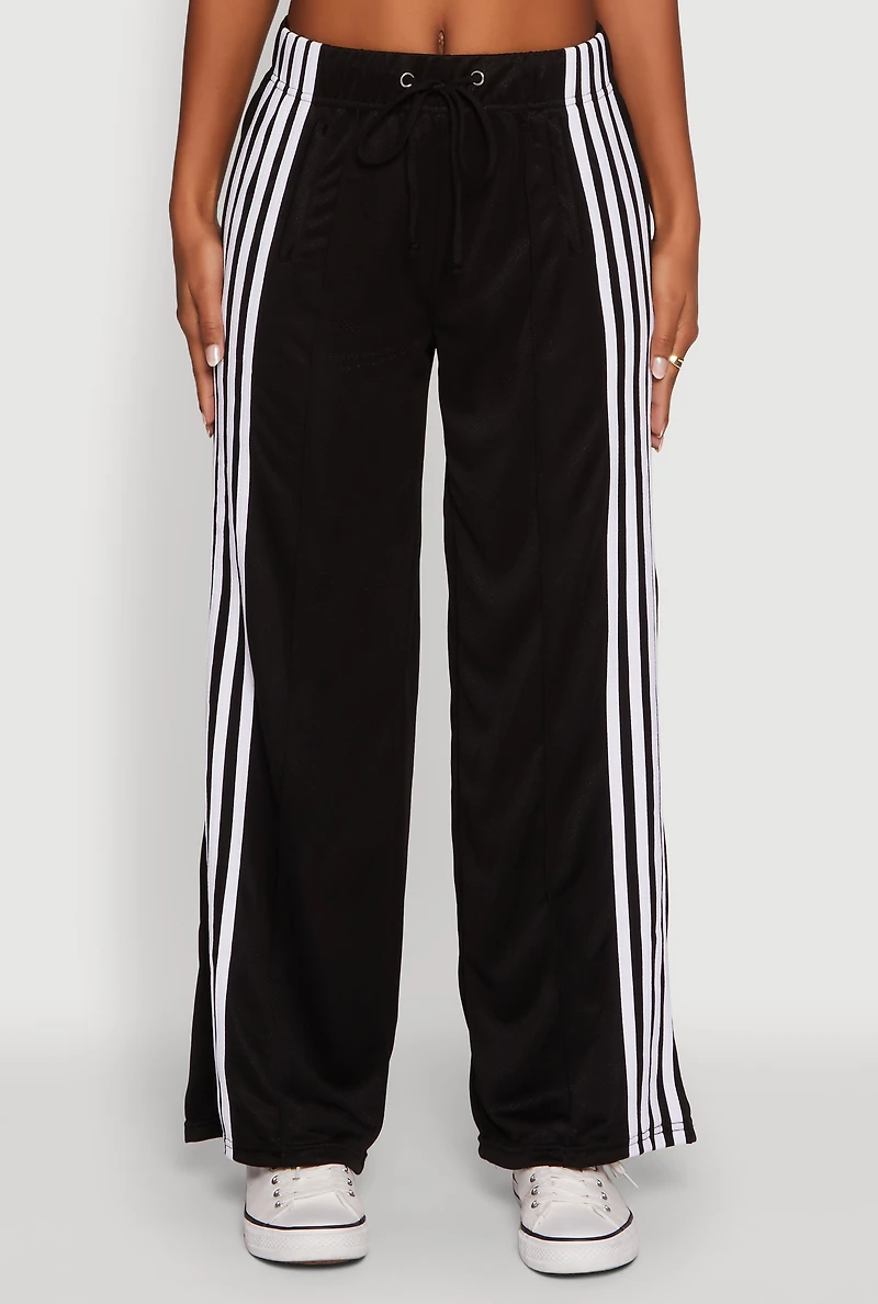 Womens Side Striped High Waisted Wide Leg Active Pants, Black, Size M