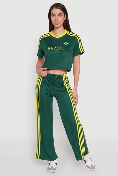 Womens Side Striped High Waisted Wide Leg Active Pants, Green,