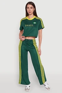 Womens Side Striped High Waisted Wide Leg Active Pants, Green,