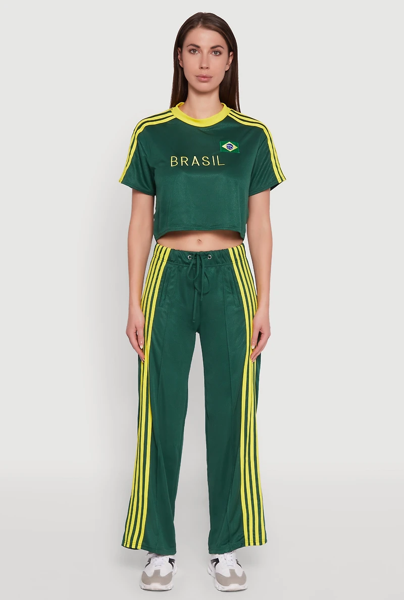 Womens Side Striped High Waisted Wide Leg Active Pants, Green, Size S