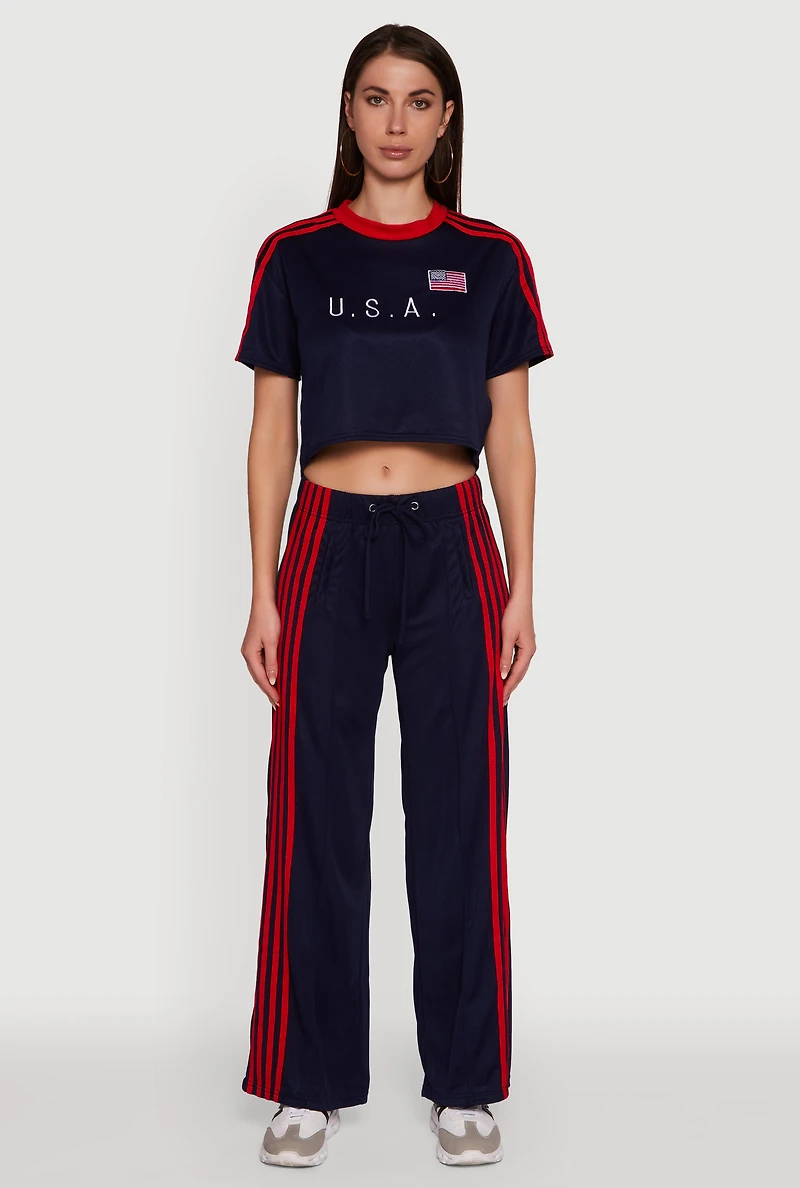 Womens Side Striped High Waisted Wide Leg Active Pants, Blue,
