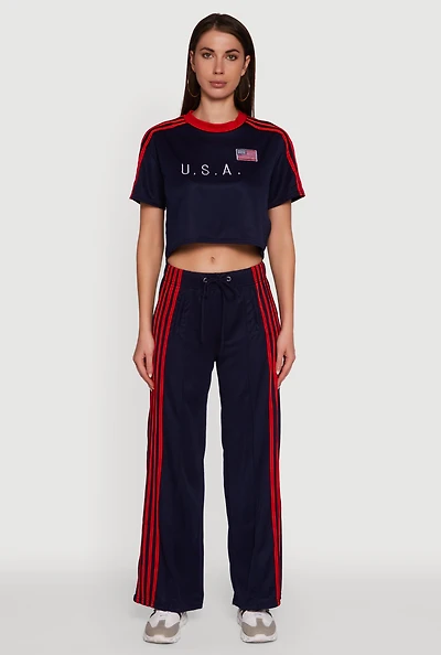 Womens Side Striped High Waisted Wide Leg Active Pants,
