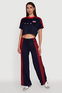 Womens Side Striped High Waisted Wide Leg Active Pants,