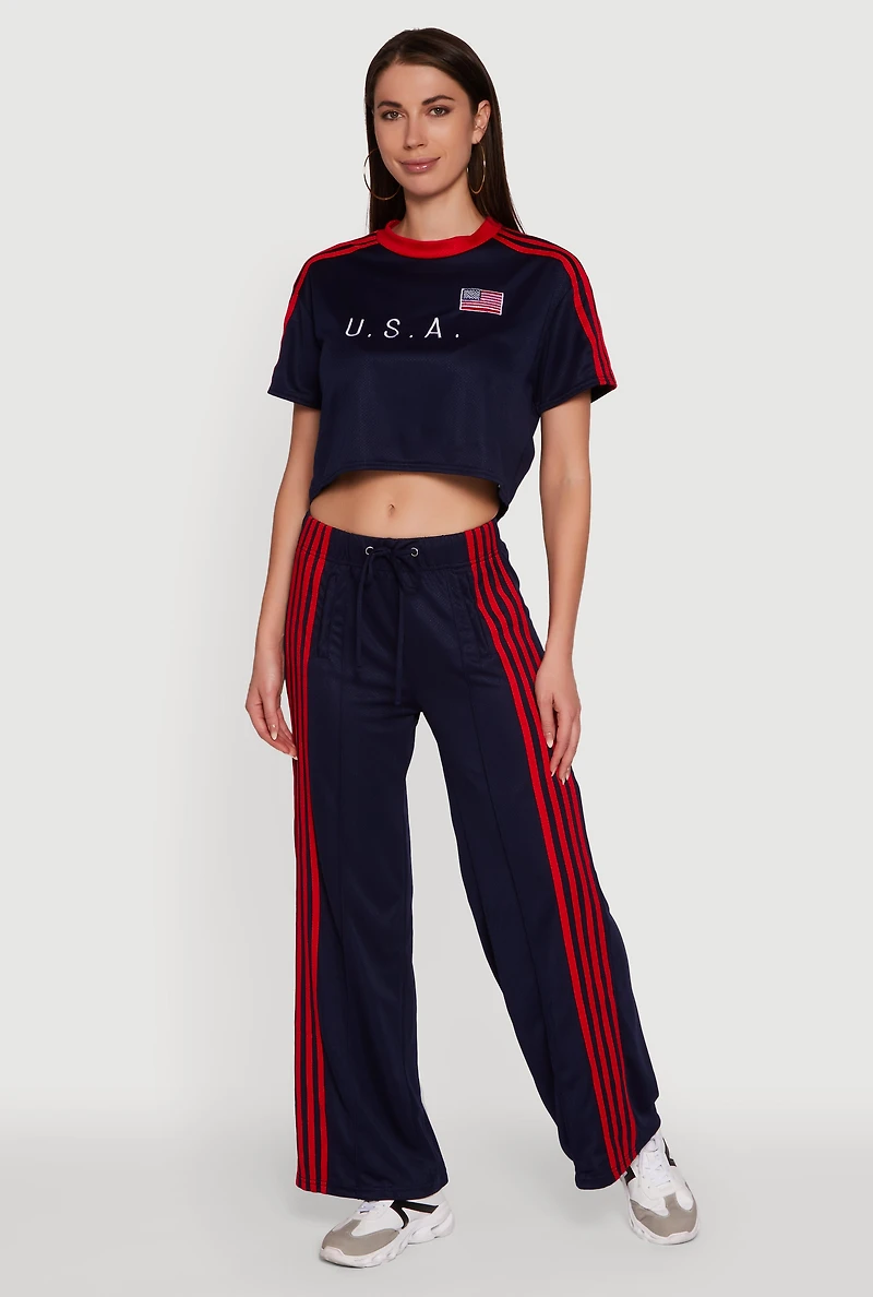 Womens Side Striped High Waisted Wide Leg Active Pants, Blue,