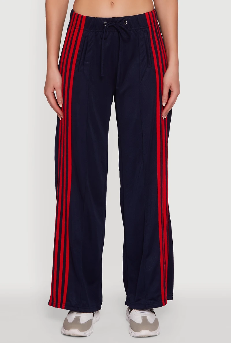Womens Side Striped High Waisted Wide Leg Active Pants, Blue,