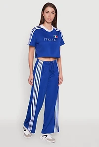 Womens Side Striped High Waisted Wide Leg Active Pants, Blue,