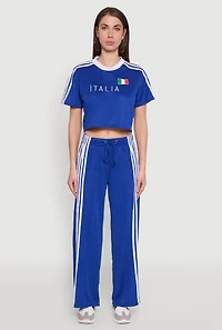 Womens Side Striped High Waisted Wide Leg Active Pants, Blue,