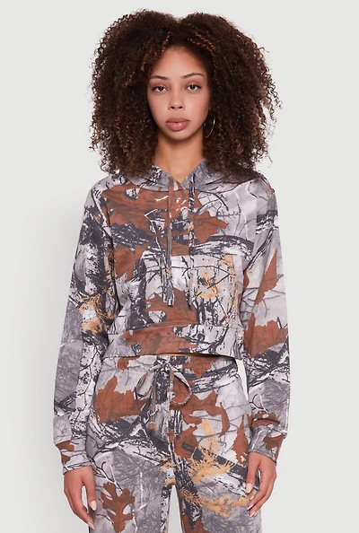 Womens Hunter Camo Cropped Pullover Hoodie, Multi, Size XL