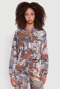 Womens Hunter Camo Cropped Pullover Hoodie, Multi, Size S