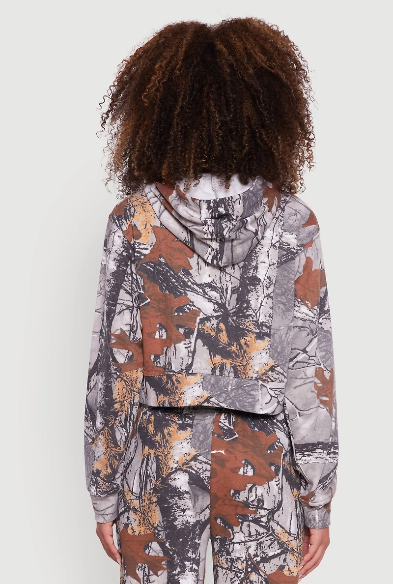 Womens Hunter Camo Cropped Pullover Hoodie, Multi, Size XL