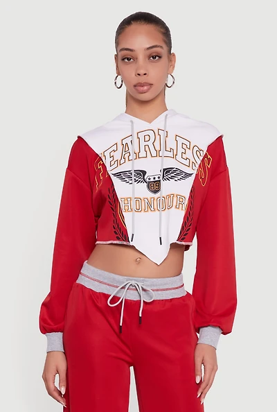 Womens Fearless Graphic Color Blocked Cropped Hoodie, Red, Size S