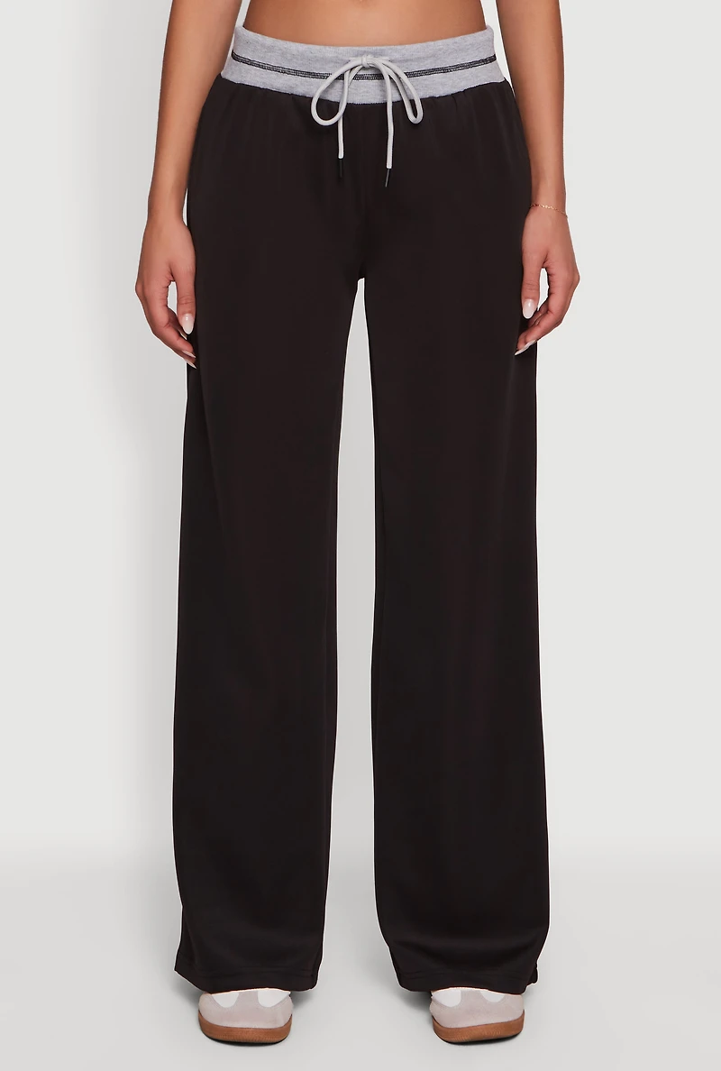 Drawstring Wide Leg Pants with Contrast Waistband