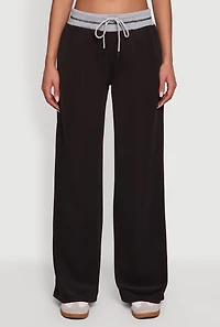 Drawstring Wide Leg Pants with Contrast Waistband