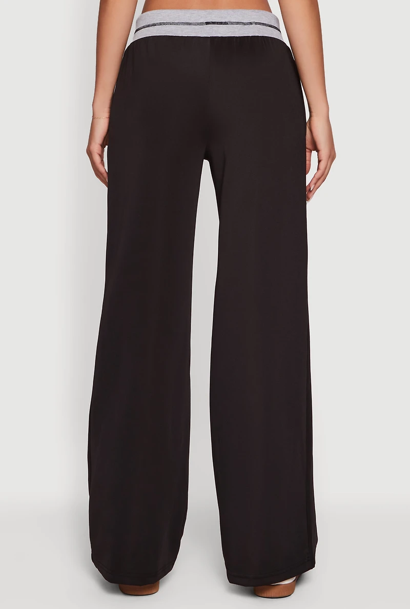 Drawstring Wide Leg Pants with Contrast Waistband