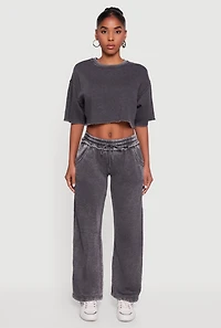 Womens Acid Wash Wide Leg Mid Rise Fleece Sweatpants, Grey, Size M