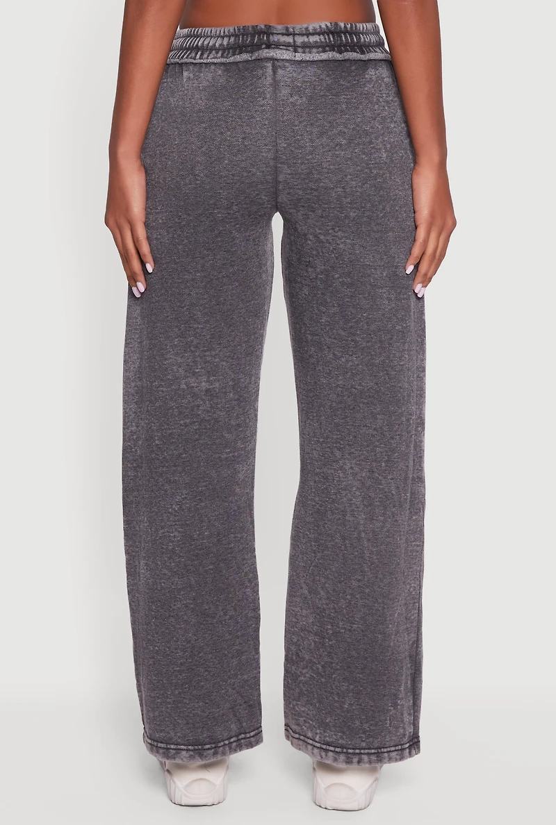 Womens Acid Wash Wide Leg Mid Rise Fleece Sweatpants, Grey, Size M