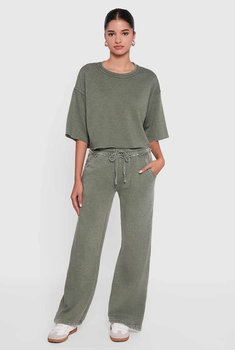 Womens Acid Wash Wide Leg Mid Rise Fleece Sweatpants, Green, Size S