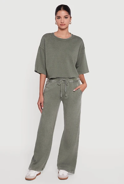 Womens Acid Wash Wide Leg Mid Rise Fleece Sweatpants, Green, Size S