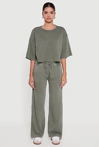 Womens Acid Wash Wide Leg Mid Rise Fleece Sweatpants, Green, Size S