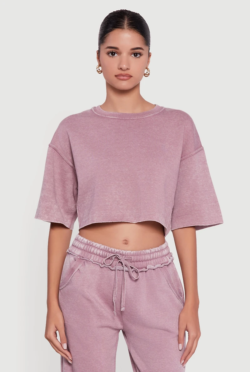 Acid Wash Short Sleeve Cropped Sweatshirt