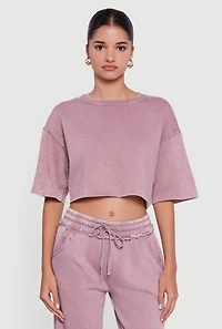 Acid Wash Short Sleeve Cropped Sweatshirt