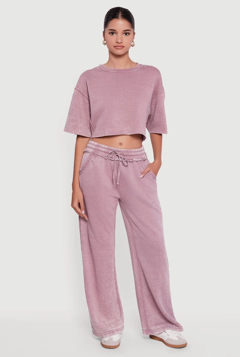 Womens Acid Wash Short Sleeve Cropped Sweatshirt, Purple, Size M