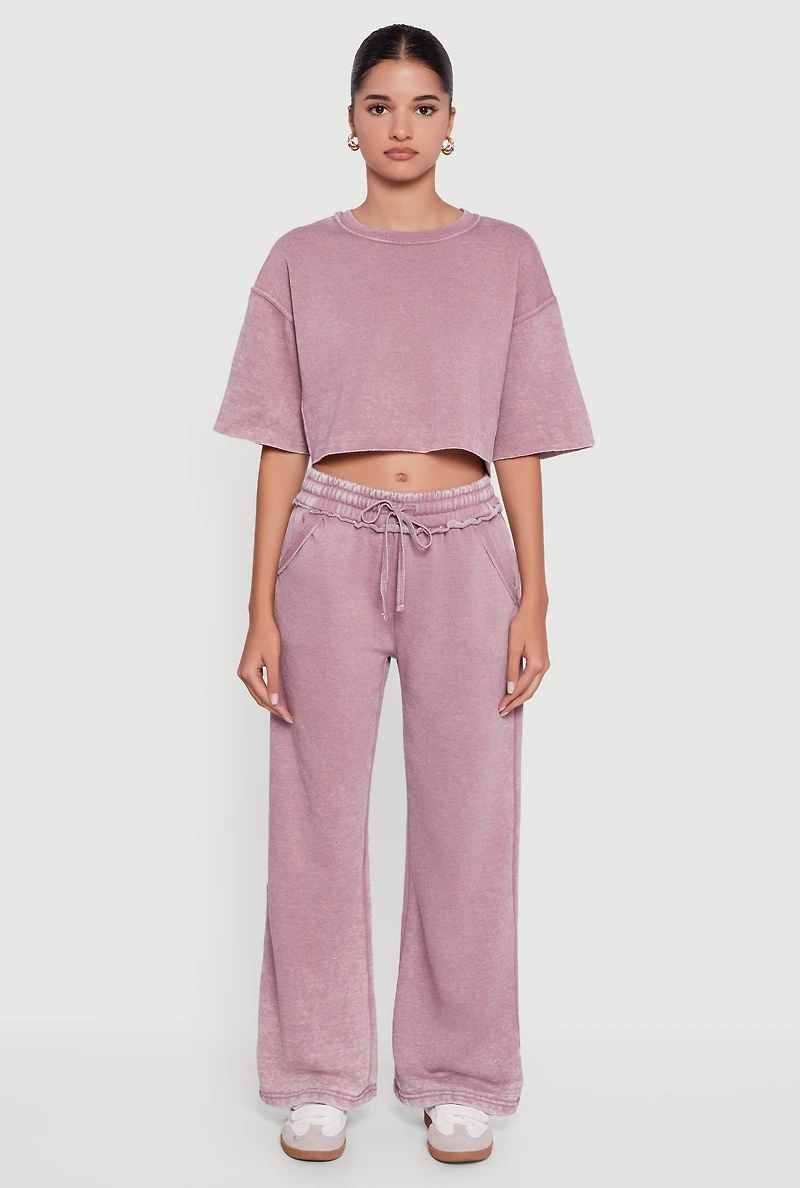 Womens Acid Wash Short Sleeve Cropped Sweatshirt, Purple, Size M